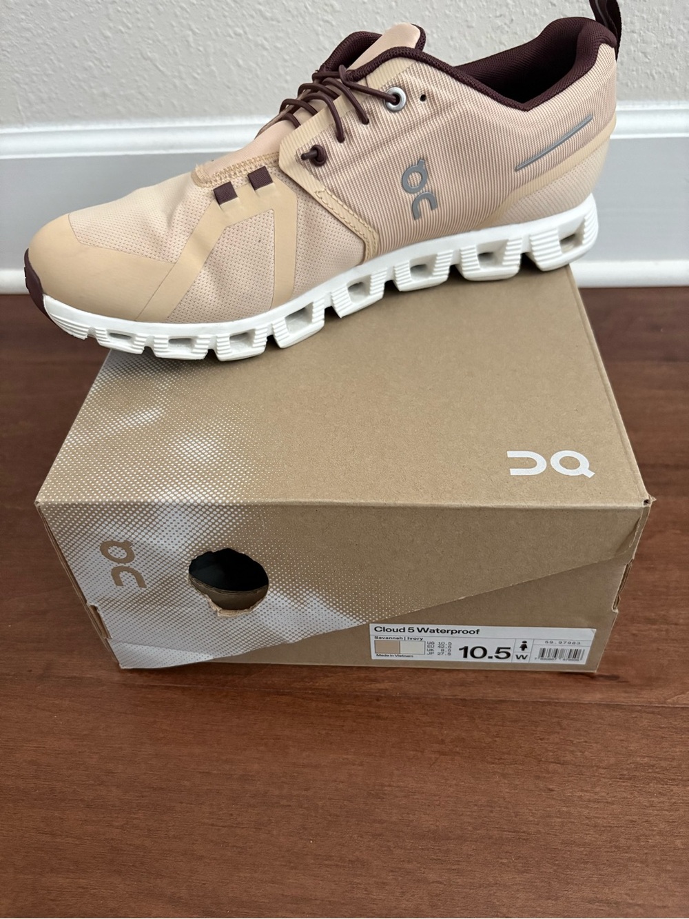 On Running Cloud 5 Waterproof Athletic Shoe in Beige and Dark Brown